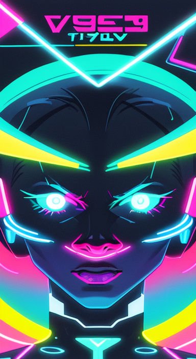 Close-up front portrait of a neon-outlined cyberpunk anime character with glowing luminous eyes