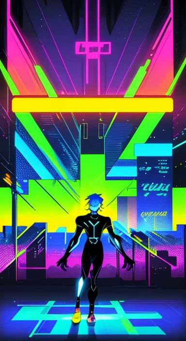 Stylized cyberpunk hero stands before a brightly lit neon futuristic cityscape