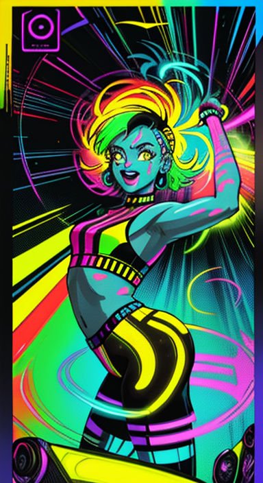 Vibrant neon cyberpunk raver woman with rainbow hair dancing over glowing neon burst background