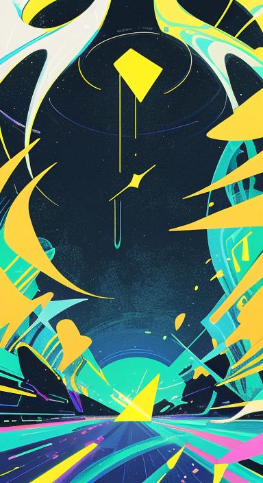 Abstract retro-futuristic illustration of a neon highway rushing toward a dark starry cosmic sky