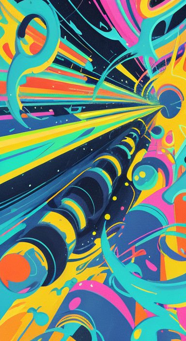 Vibrant psychedelic hyperspace warp tunnel illustration with bright radial color streaks converging to a distant focal point