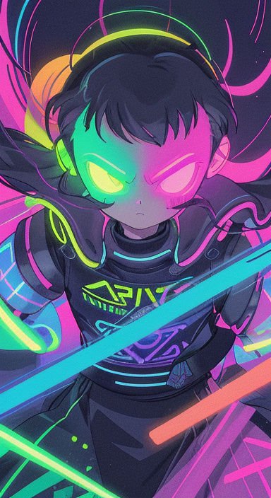 Cyberpunk anime character with split glowing neon eyes stands surrounded by swirling bright neon light trails