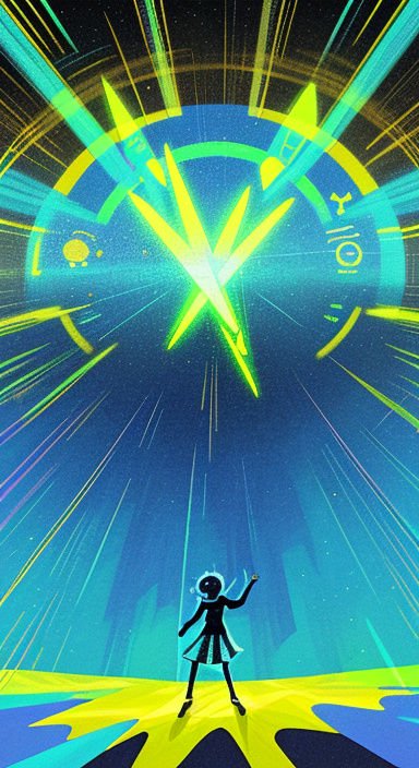 Silhouetted girl stands before a glowing neon sci-fi portal radiating bright energy streaks