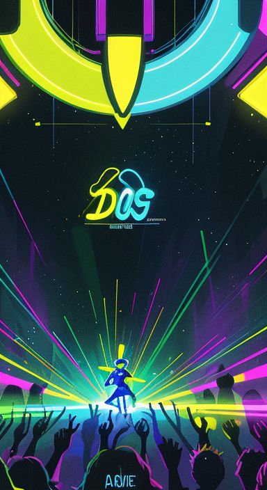 Vibrant neon illustration of a concert performer on stage before a cheering audience under glowing event signage