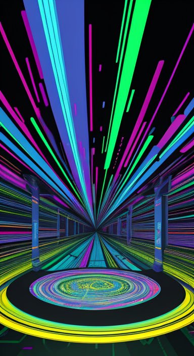 Vibrant neon light streaks radiate through a futuristic warp tunnel with a swirling circular foreground platform
