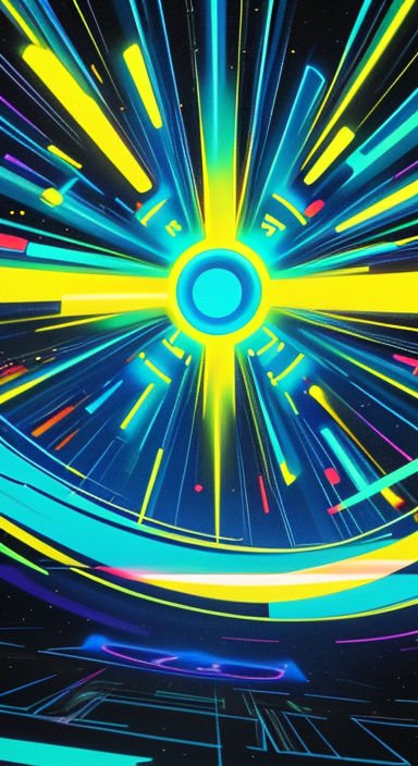 Glowing neon hyperspace warp tunnel with radial light streaks converging on a bright central core