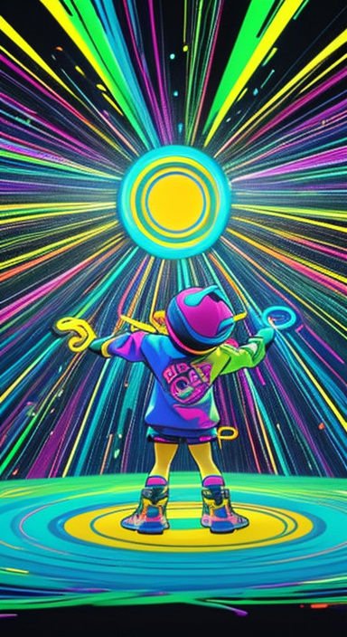 Back view of a colorful stylized character standing with outstretched arms facing a radiating neon light burst
