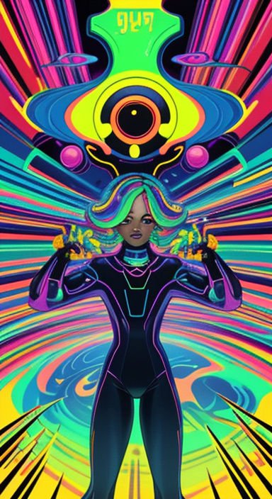 Cyberpunk woman in a neon cyber suit stands beneath a floating all-seeing eye on a psychedelic swirling backdrop