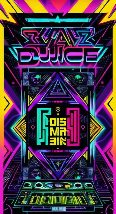 Glitch art neon poster with symmetrical geometric patterns and stylized bright glowing typography