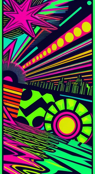 Bright neon 80s retro-futurist abstract graphic with geometric shapes and a stylized city skyline