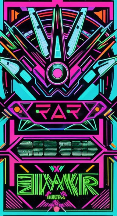 Vibrant neon cyberpunk graphic with symmetrical mechanical motifs and stylized futuristic typography