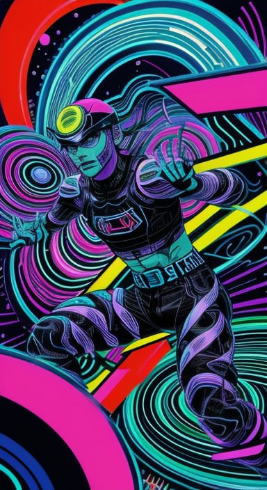 Psychedelic cyberpunk superhero strikes a dynamic pose amid swirling neon abstract patterns