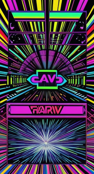 Symmetrical retro synthwave graphic with neon radial burst lines and stylized futuristic text elements