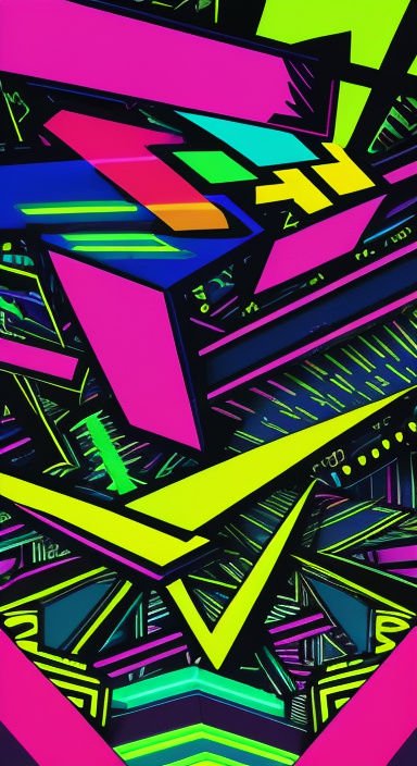 Vibrant neon abstract 3D geometric pattern with bold bright angular shapes outlined in black