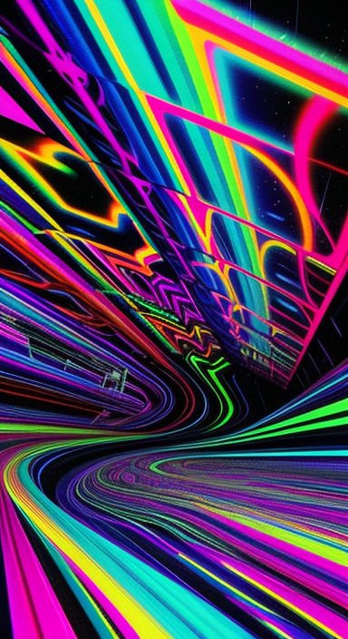 Swirling bright neon streaks form a trippy abstract tunnel against a dark starry background