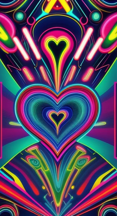 Symmetrical psychedelic neon artwork with layered glowing concentric heart shapes