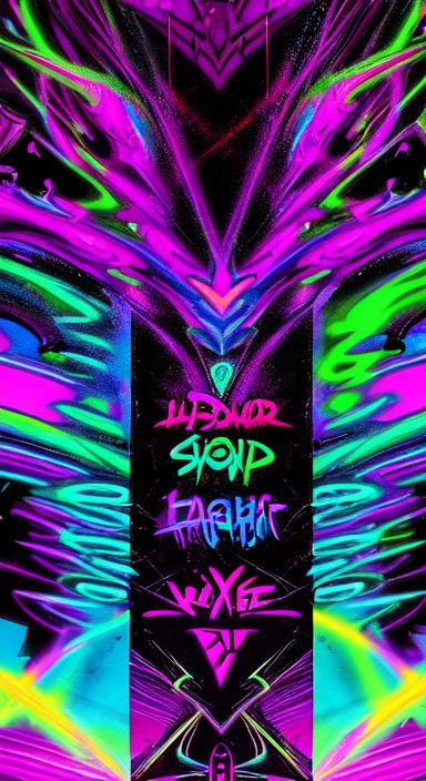 Symmetrical psychedelic neon abstract graffiti art with glowing stylized text on a dark black backdrop