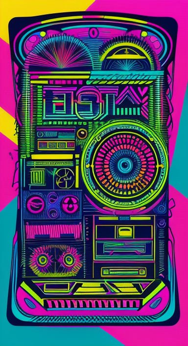 Vibrant psychedelic illustrated retro boombox rendered in bold neon line art on a bright geometric background
