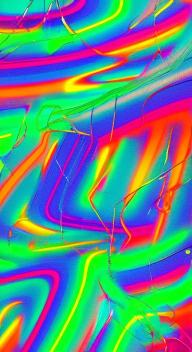 Vibrant psychedelic abstract of swirling neon rainbow glitch lines in saturated bright hues