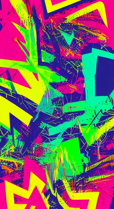 Vibrant neon abstract art with jagged overlapping geometric shapes in hot pink, lime, yellow and deep indigo