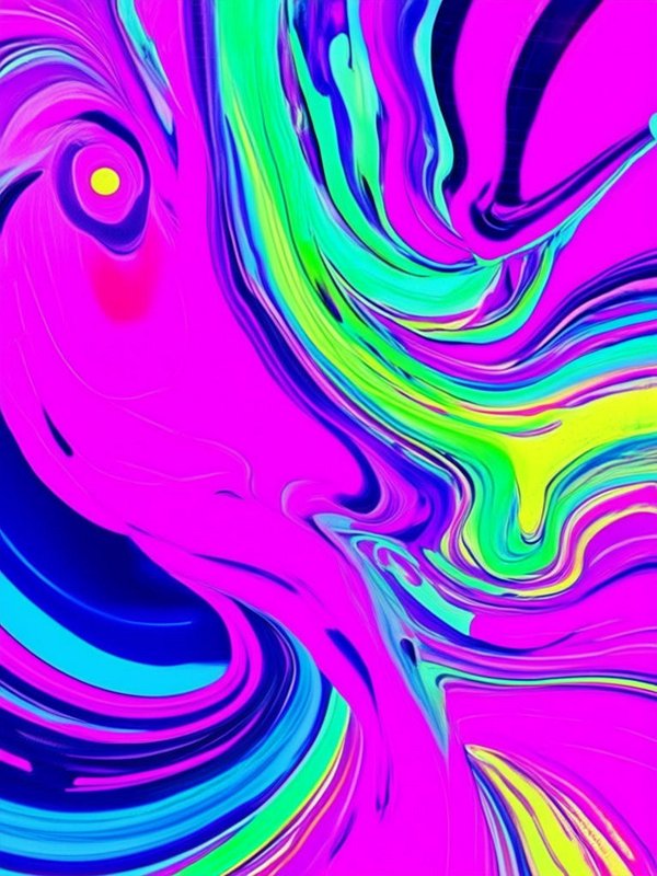 Vibrant psychedelic swirled abstract art with a bright magenta base and twisting neon green, blue, yellow flows