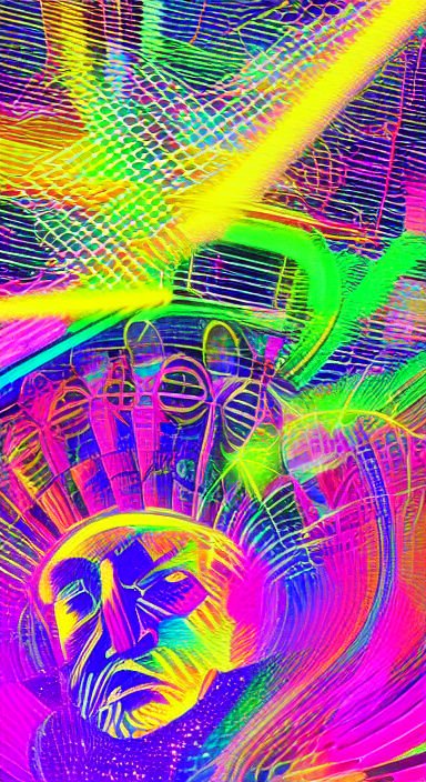 Vibrant psychedelic abstract portrait of a stylized face over swirling neon line and grid patterns