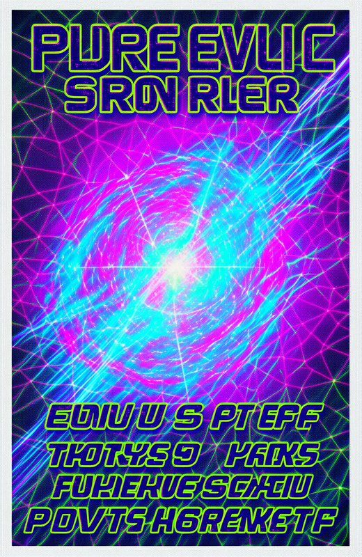 Glitch art cyberpunk rave poster with swirling neon wireframe vortex and distorted futuristic text