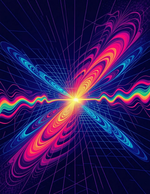 Glowing neon psychedelic abstract burst radiates rainbow swirl lines from a bright central light over a dark wireframe grid