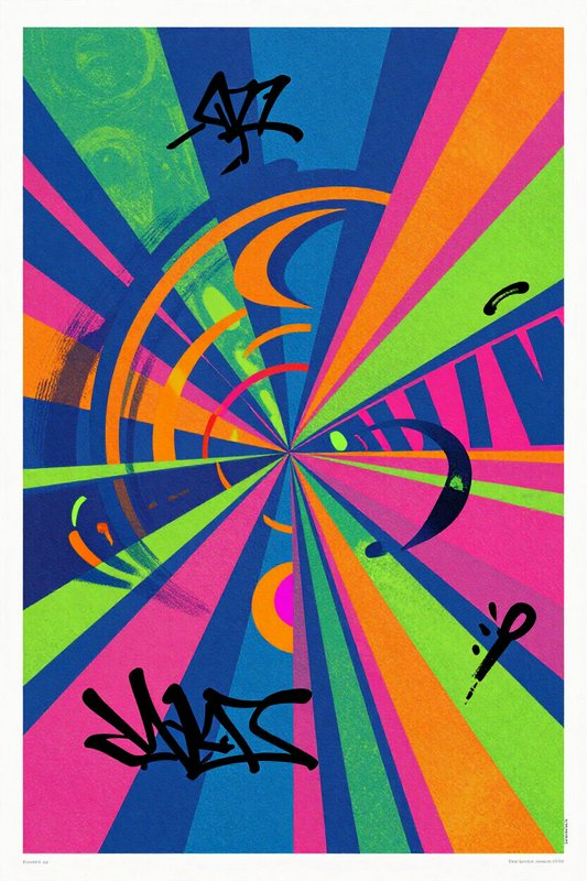 Vibrant psychedelic radial abstract artwork with bright neon stripes and black graffiti-style markings