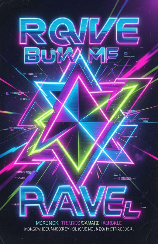 Cyberpunk neon rave poster with glowing overlapping geometric star and glitch distorted futuristic text