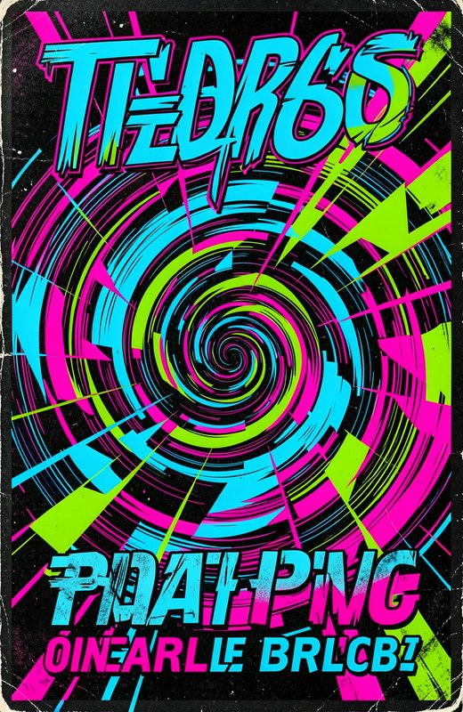 Psychedelic glitch art poster with bright neon spiral and distorted graffiti text on a distressed black background