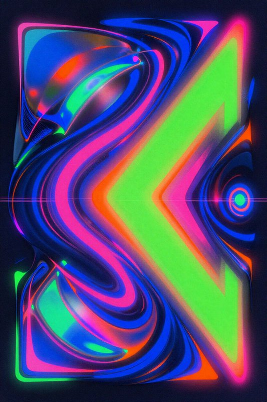 Glowing distorted neon abstract SK letterforms swirl against a dark black background