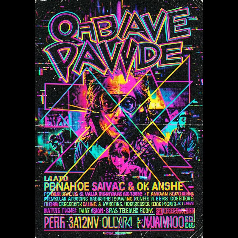 Glitch art cyberpunk gig poster with distorted neon typography and overlapping stylized character portraits