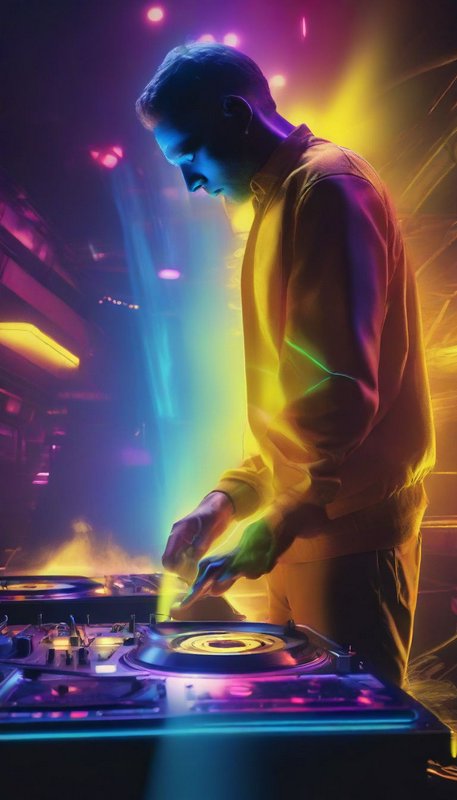 Male DJ adjusting vinyl turntables under vibrant neon stage lights in a hazy nightclub