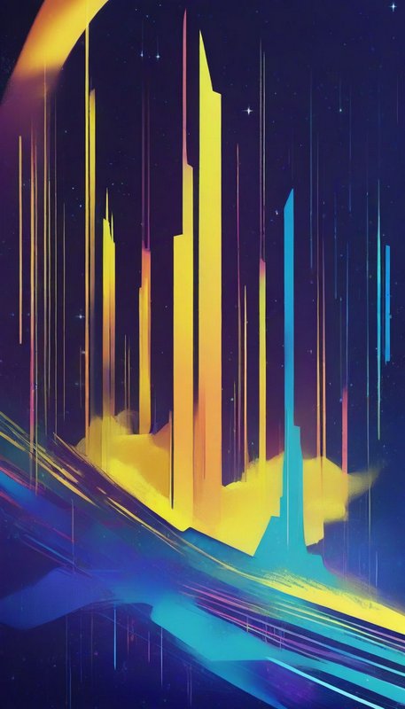 Abstract glowing futuristic skyscraper cityscape against a dark starry cosmic night sky