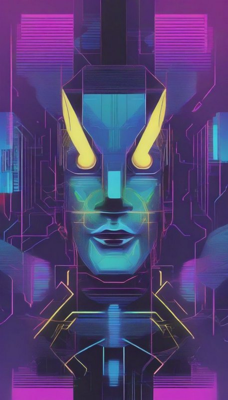 Geometric cybernetic robot portrait with glowing yellow accents against a neon purple circuit backdrop