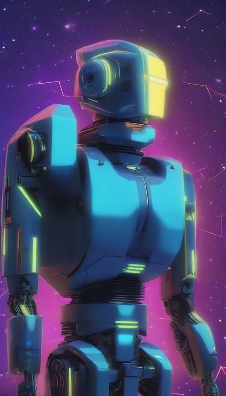 Sleek glowing blue futuristic android robot stands against a purple starry cosmic space background