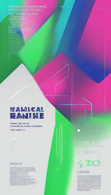 Abstract glitch art poster with vibrant gradient geometric shapes and distorted experimental typography
