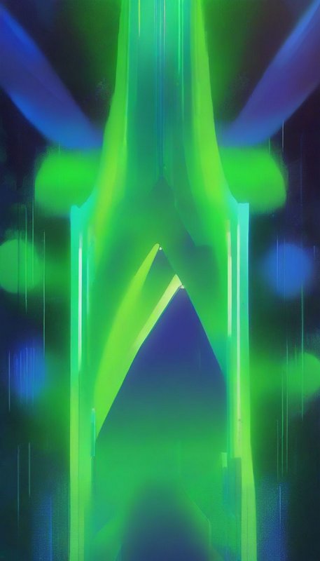 Glowing neon green angular abstract vertical form with blue light accents on a dark blurred background