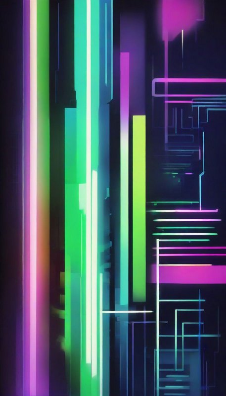 Abstract futuristic glowing neon geometric line art with bright vertical bars against a dark background