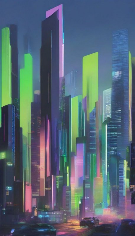 Futuristic neon-lit cyberpunk skyscraper cityscape with traffic on twilight city streets