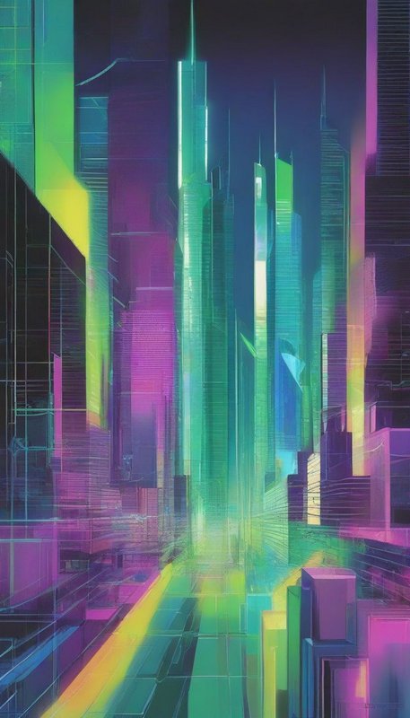 Glowing neon cyberpunk city skyline of tall futuristic skyscrapers against a dark night sky