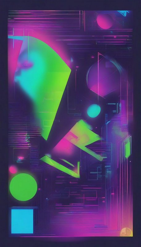 Glowing neon cyberpunk abstract geometric art over a dark circuit patterned background