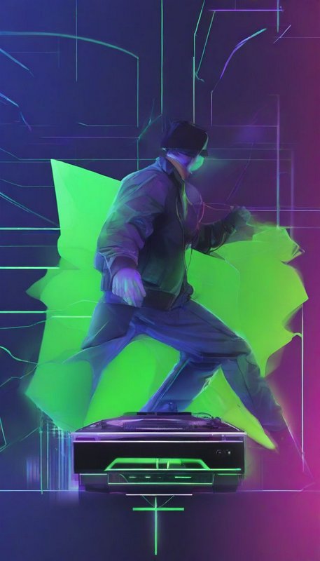 Futuristic cyberpunk DJ stands over a glowing turntable surrounded by bright neon green and purple wireframe effects
