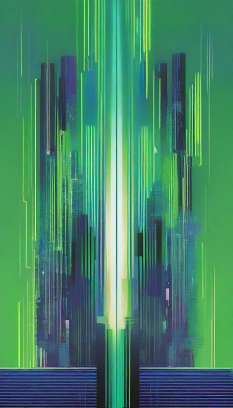 Glitch art futuristic city skyline with cascading glowing vertical light streaks against a bright green background
