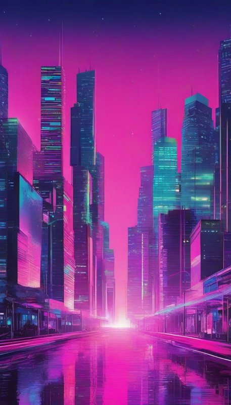 Neon lit cyberpunk skyscraper skyline above a wet reflective street under a bright magenta night sky