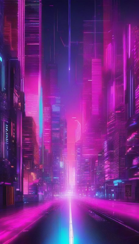 Empty neon-lit cyberpunk city street flanked by glowing futuristic skyscrapers at night