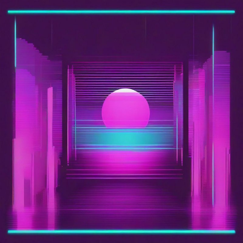 Glitchy synthwave sunset scene framed by neon teal lines with abstract purple futuristic city silhouettes