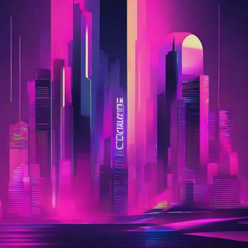 Futuristic cyberpunk city skyline glowing with vibrant pink and purple neon night lighting