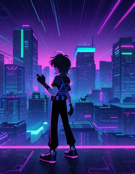 Anime cyberpunk teen standing on a skyscraper rooftop overlooking a glowing neon futuristic city